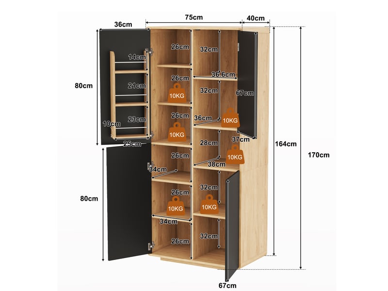  Armoire de cuisine haute 75x40x170cm, étagères réglables, niche ouverte et rangements de porte, design sans poignées, noir et bois naturel, cuisine  - Conforama D
