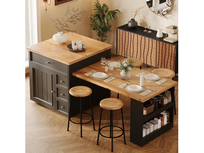  Îlot de cuisine extensible 120-184x70x94 cm avec tiroirs et roulettes, noir  - Conforama B