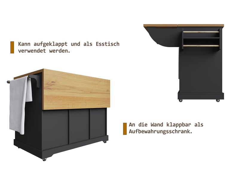  Desserte cuisine, îlot central sur roulettes avec plan de travail, plateau extensible, dimensions 147 x 44 x 93 cm, mdf, noir  - Conforama E