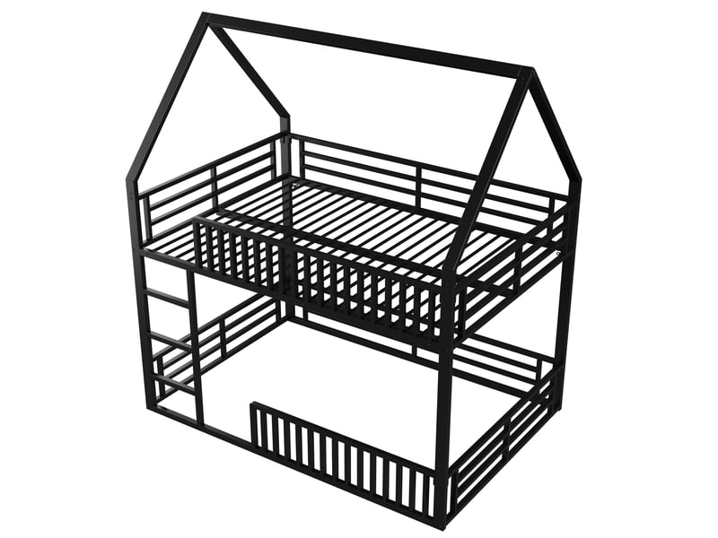  Lit superposé maison 140x200 avec garde-corps style clôture, éclairage led, en métal noir  - Conforama A