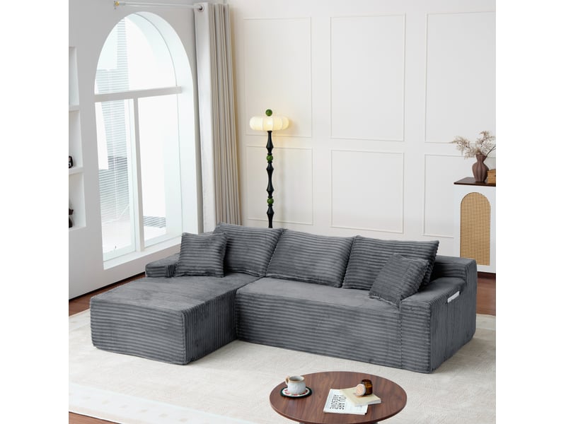  Canapé d’angle modulable 4 places en velours côtelé gris, 239x156x79 cm  - Conforama W