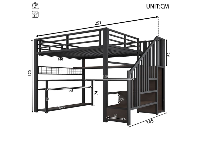  Lit mezzanine 140 x 200 cm noir avec bureau, armoire, escalier rangement et led, métal et mdf IKSETERA TRADING LTD - Conforama C