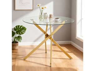 Table de salle à manger 2 à 4 personnes en verre avec piètement métal et patins réglables doré