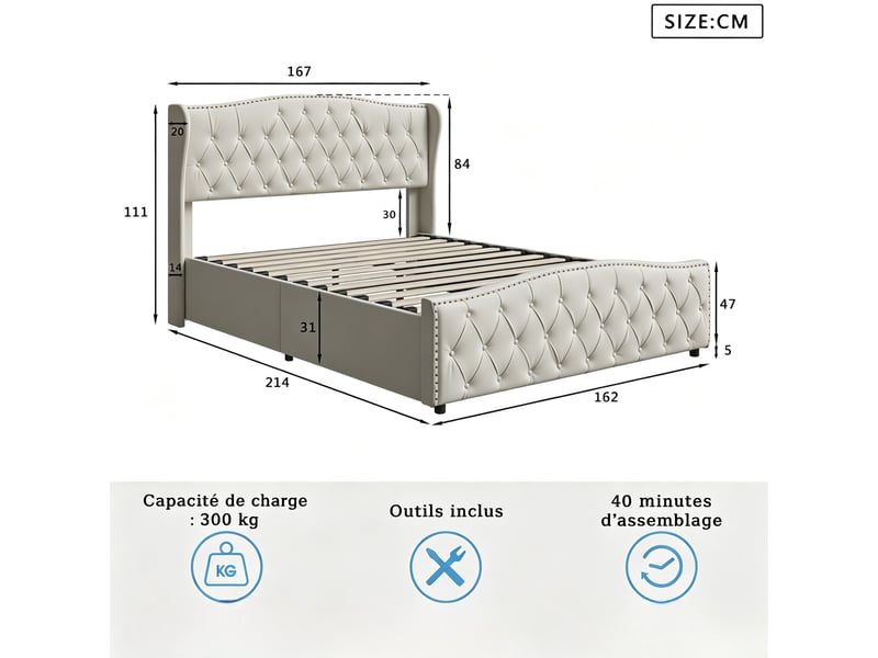  Yyxldynb lit coffre 160x200 cm avec rangememt, lit double rembourré avec sommier à lattes, cadre de lit 2 places avec tête de lit capitonnée, lit adulte, velours beige  - Conforama C