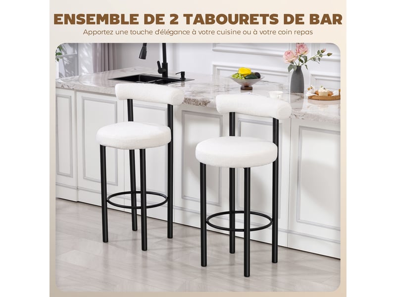  Lot de 2 tabourets de bar, chaises de bar en tissu bouclette avec dossier incurvé, 50x52,5x98cm, repose-pieds, blanc  - Conforama A