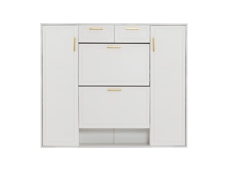 Meuble à chaussures oslo blanc 120x24x107 cm, 2 portes, 2 tiroirs, poignées dorées & étagères réglables - Conforama A