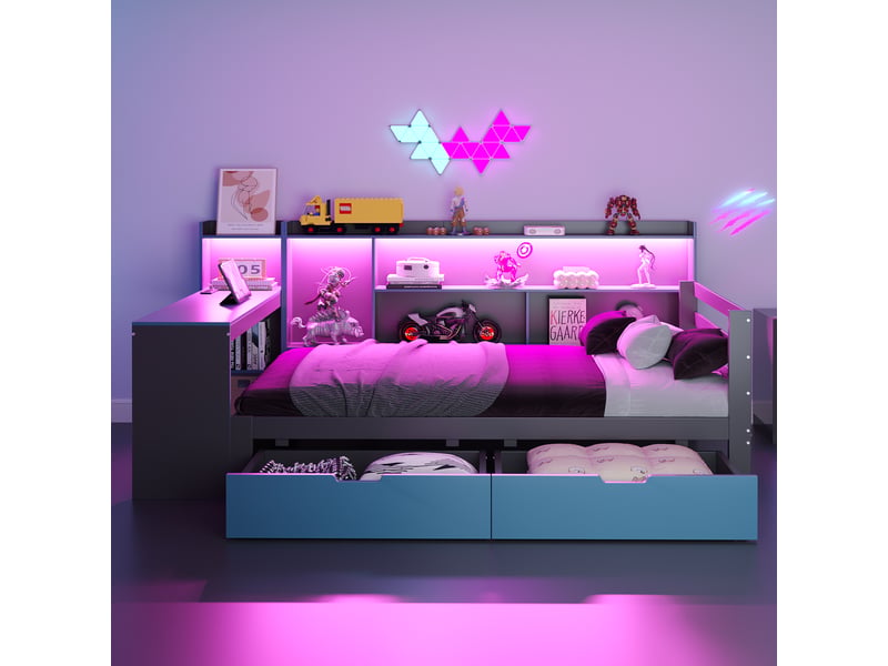  Lit banquette 1 place, bureau, bibliothèque, 2 tiroirs, led et usb 90×200 cm, sans matelas - bois - noir et bleu  - Conforama B