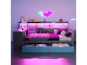 Lit banquette 1 place, bureau, bibliothèque, 2 tiroirs, led et usb 90×200 cm, sans matelas - bois - noir et bleu