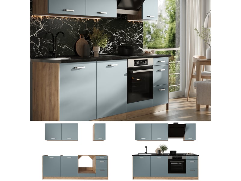  Vicco cuisine, bleu-grischêne doré, 220cm plan de travail chêne doré  - Conforama D