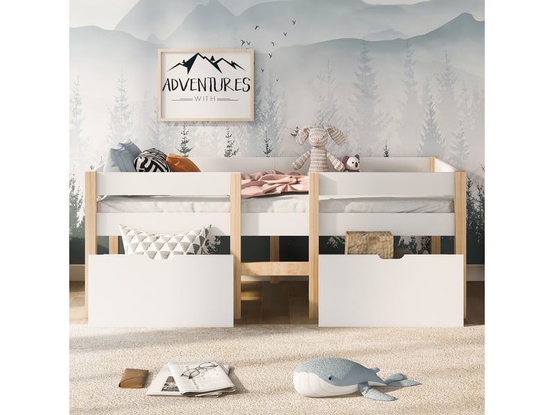 Lit enfant mi hauteur 90x190cm en bois de pin massif, lit simple structure en pin sommier inclus, blanc et chêne - Conforama B