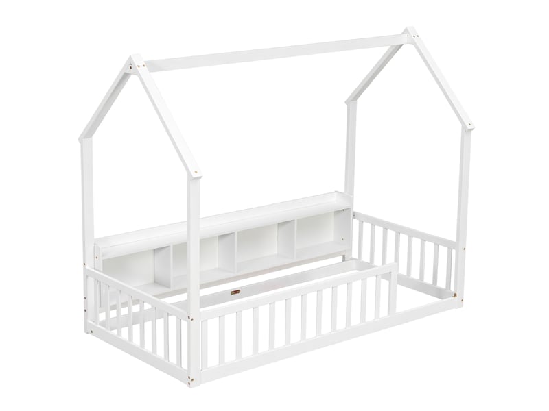  Lit enfant cabane 90x200 cm avec étagères et barrières, blanc, sans matelas  - Conforama D