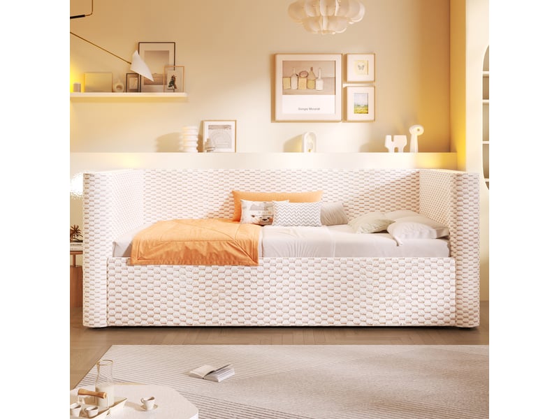  Lit de jour 90 x 200 cm avec sommier à lattes, sans matelas, led, coffre hydraulique, velours beige  - Conforama E