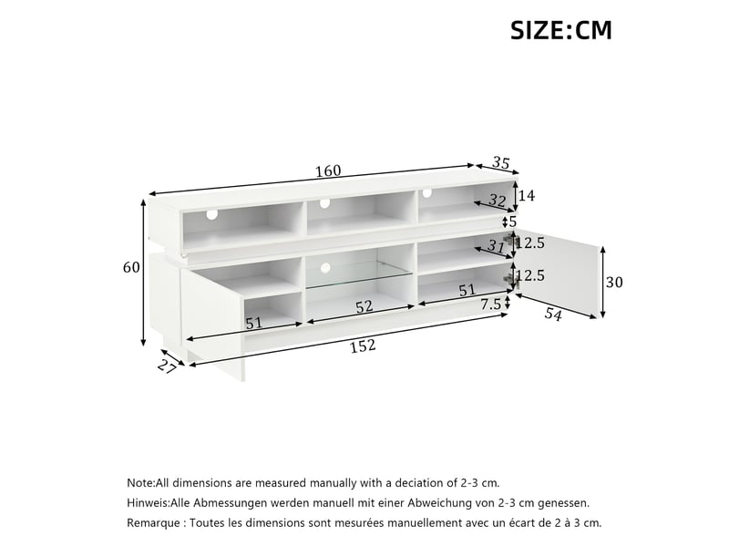  Meuble tv 10 compartiments led pour salon 160×35×60 cm en mdf et verre trempé blanc  - Conforama E