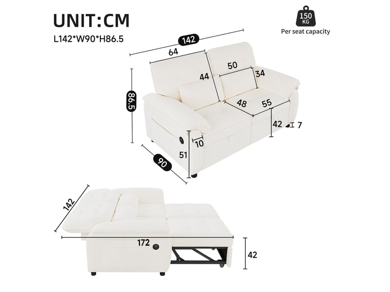  Canapé convertible tcqpz 2 places 3 en 1 142 x 90 x 86,5 cm dossier réglable usb type-c chenille beige  - Conforama C