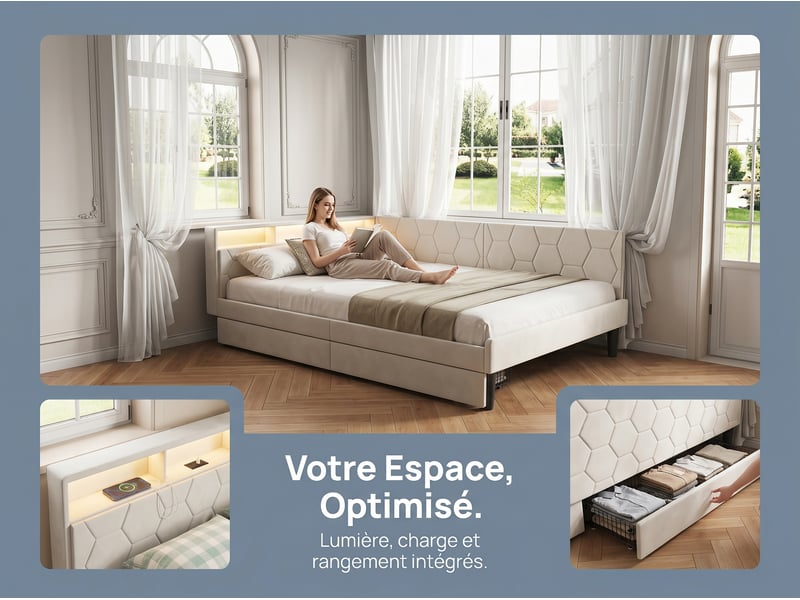 Lit banquette en velours - 140 x 200 cm - avec tiroirs, led et rangements - beige  - Conforama E