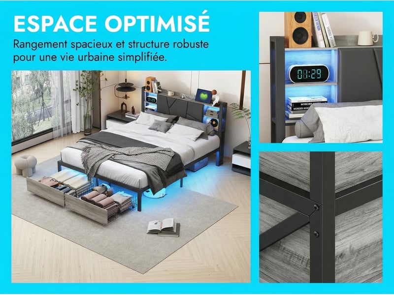 Lit 2 places 160x200 cm - pu noir - led rgb, usb et 2 tiroirs - Conforama D