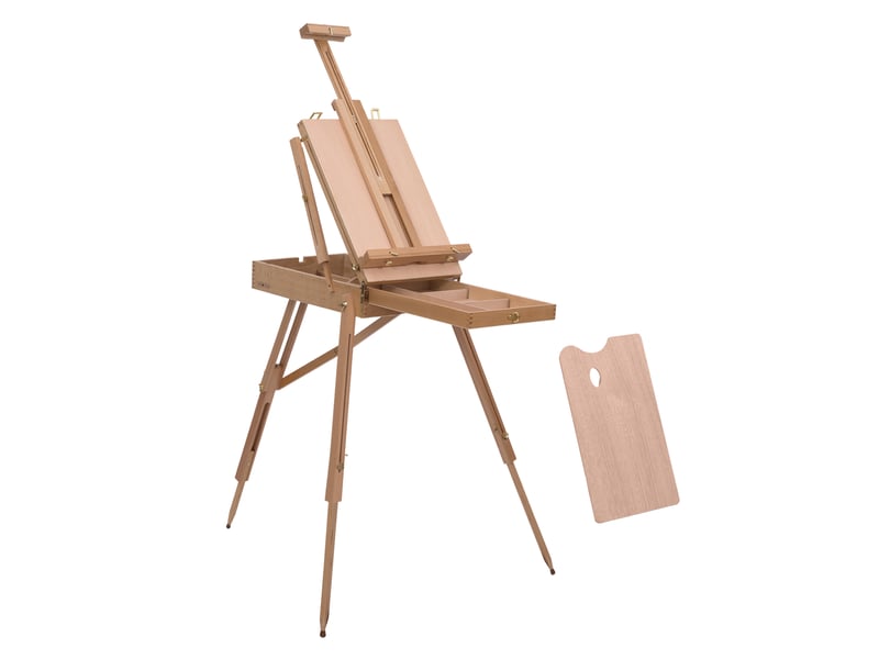  Chevalet d'artiste sur pieds pliable, mallette de peinture, chevalet avec rangement, hauteur réglable, bois de hêtre clair  - Conforama B