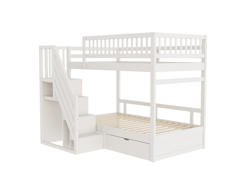  Lit superposé avec escalier-rangement, bois massif blanc, 90x200 cm, barrières hautes et tiroirs  - Conforama A