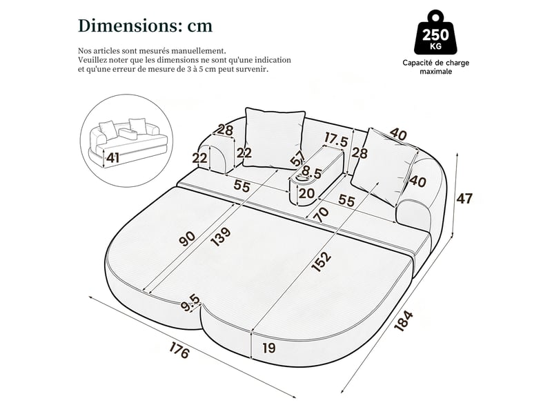 Canapé de sol pliable 2 places, 184x176x47 cm, canapé lounge 2-en-1 sans montage, accoudoir amovible avec porte-gobelet, velours côtelé vert - Conforama C