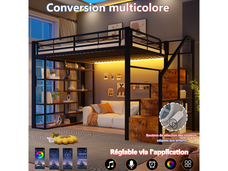  Lit mezzanine 140x200 cm en métal et mdf noir avec led via application, échelle et barrière de sécurité, escalier avec rangements.  - Conforama E