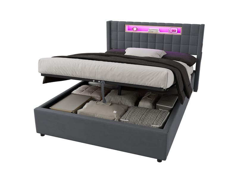  Lit coffre 140x200 cm, lit adute rembourré avec led et rangement, gris, sans matelas  - Conforama A
