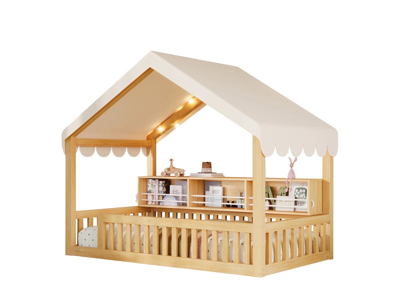  Lit cabane enfant 90 × 200 cm 1 place avec éclairage led, étagère et barrières, sans matelas, en bois, naturel  - Conforama A