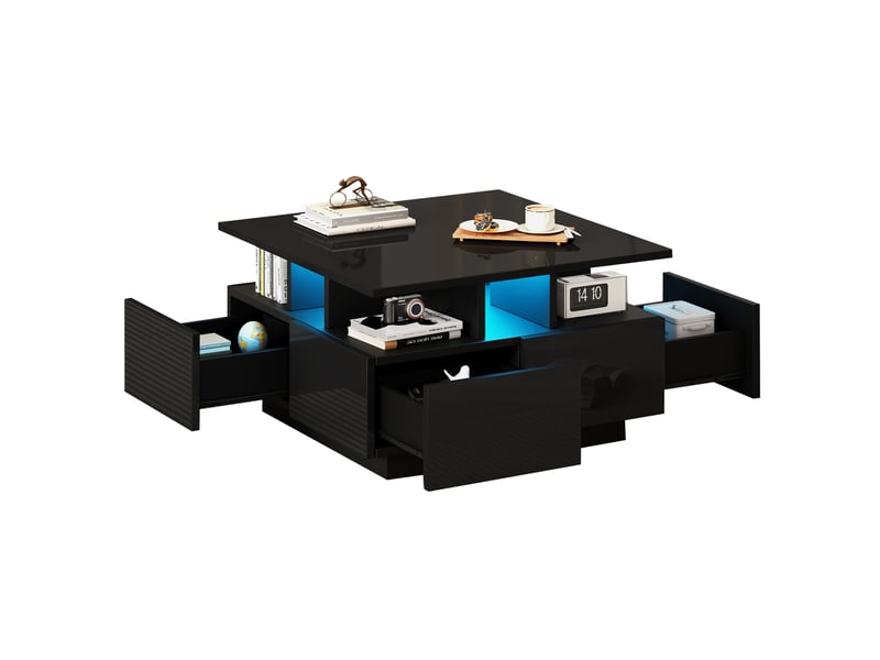 Table basse led avec 4 tiroirs et 3 niveaux de rangement, finition brillante, pour salon, 70 × 70 × 40 cm  - Conforama A