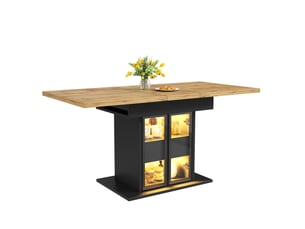 Table de salle à manger extensible avec 2 tiroirs et rangement, portes coulissantes en verre, led, noir