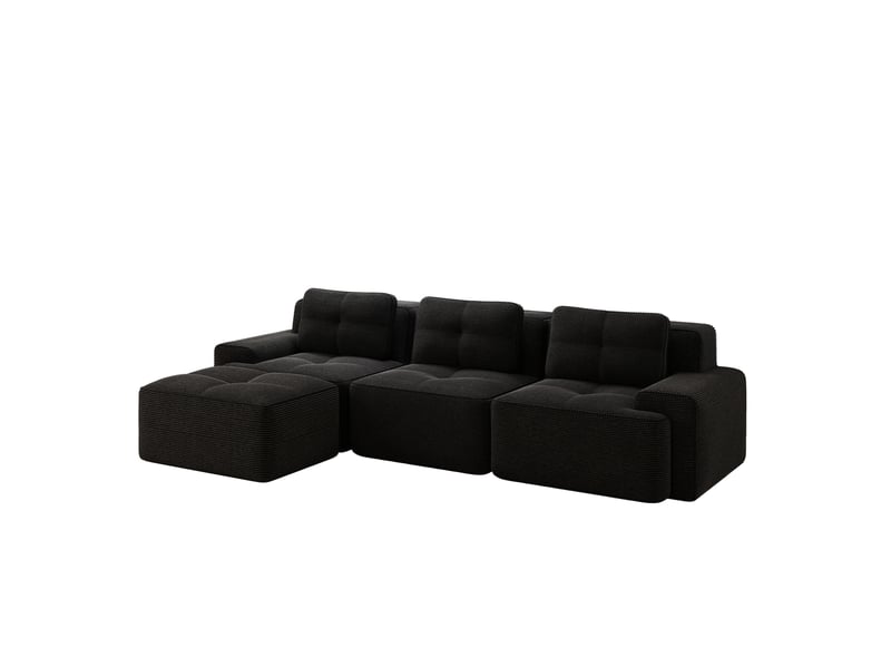  Canapé d'angle modulable 3 places en velours côtelé noir avec pouf, sans montage, idéal pour le salon  - Conforama A