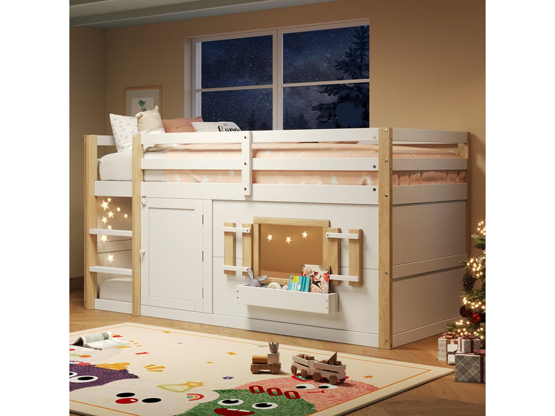 Lit mezzanine enfant 90x200 bois massif blanc multifonction avec échelle et espace de jeu inférieur - Conforama B