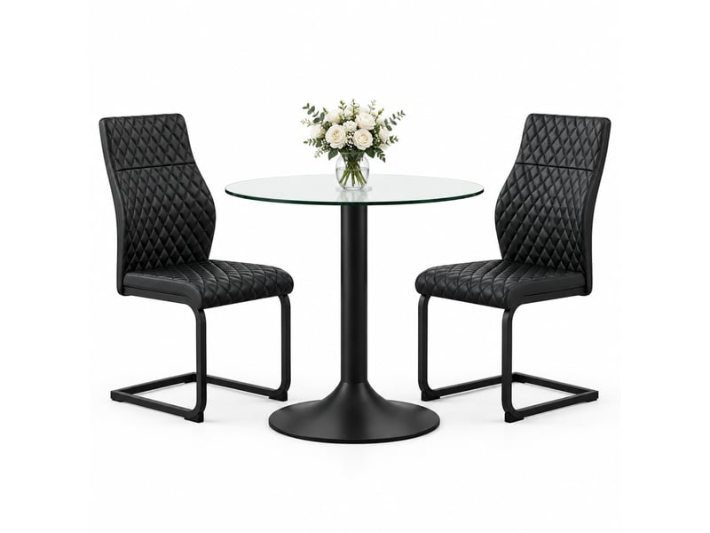  Ensemble table et chaises avec 1 table ronde et 2 chaises  - verre trempé, métal et pu - noir transparent  - Conforama A