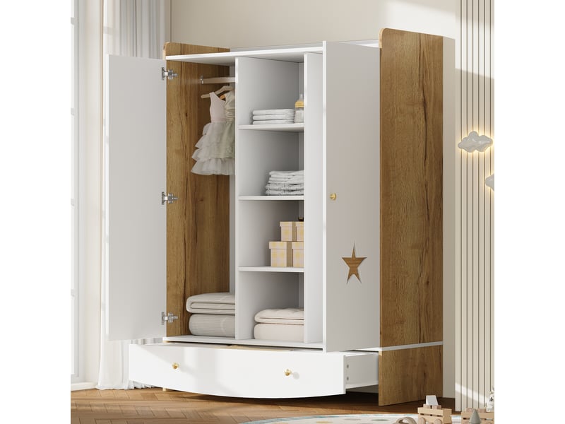 Armoire enfant avec 2 portes, tiroir, 4 niches et 2 tringles, décor étoile et lune, en mdf blanc et bois naturel - Conforama B