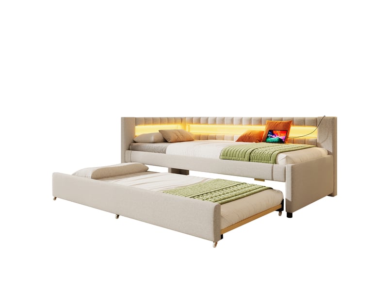  Lit gigogne jeune 90x200+90x190 cm, avec led, télécommande, ports usb et type-c, tissu lin et mdf, beige sans matelas  - Conforama A