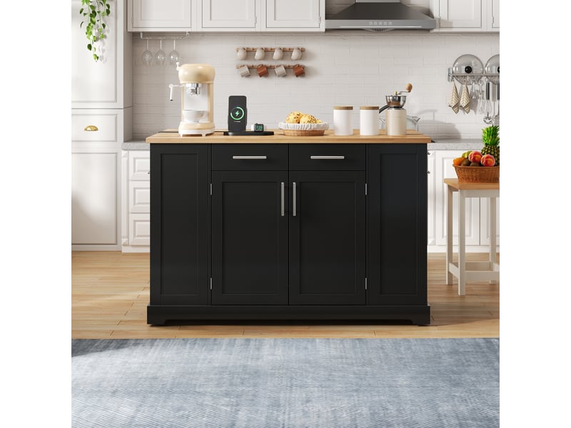  Îlot de cuisine mobile 138x86 cm avec plateau pliant, rangement, prise usbtype-c, tri des déchets coulissant, roulettes, effet bois - noir  - Conforama E