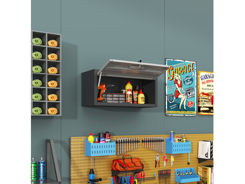 Armoire à outils murale 75 x 30 x 34,5 cm noire et grise en acier, porte relevable avec serrure - Conforama B