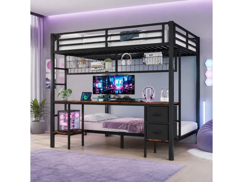  Lit mezzanine double 140×200 cm avec bureau, tiroirs, étagères, led et usb  - sans matelas, métal - noir  - Conforama B
