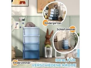 Boîte rangement enfant bleue, 4 tiroirs en plastique, bords arrondis, design surélevé