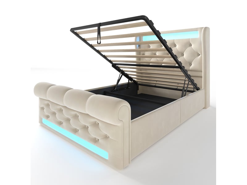  Modenvie lit coffre 90x200 cm - led, rangement et ports usb-c, matelas inclus - beige  - Conforama E
