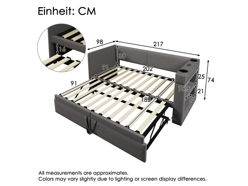Lit gigogne enfant 90x200 cm, canapé-lit avec usb type-c, porte-gobelet, sommiers, coton lin gris, sans matelas - Conforama C