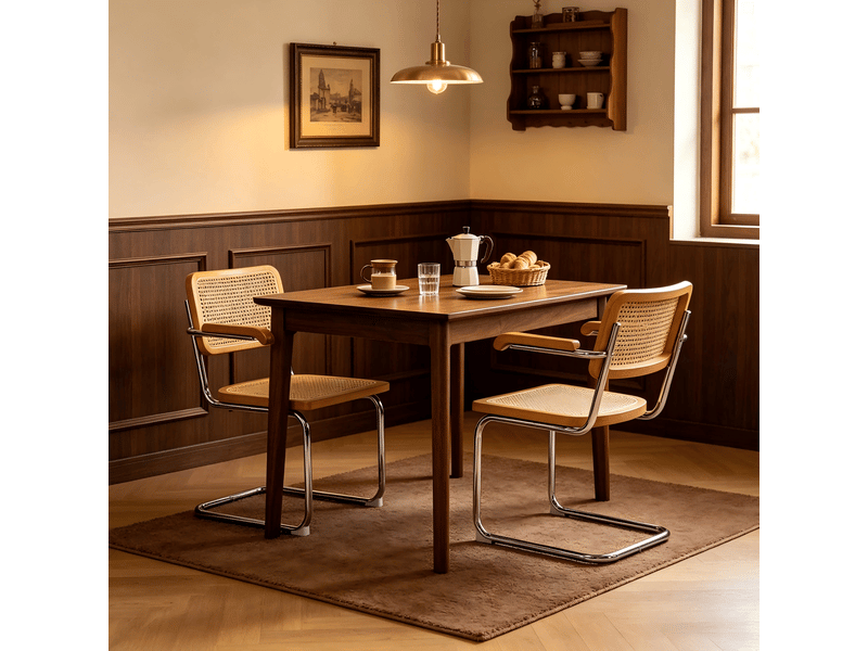  Lot de deux chaises de salle à manger, chaises en bois avec dossier en rotin et pieds chromés, style « brewer » du milieu du siècle, marron  - Conforama B