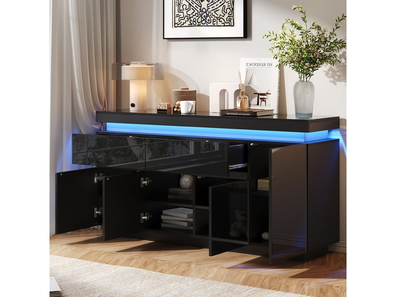 Buffet avec 4 portes, 2 tiroirs et led pour salon 140×35×72,5 cm en panneaux de particules noir  - Conforama C