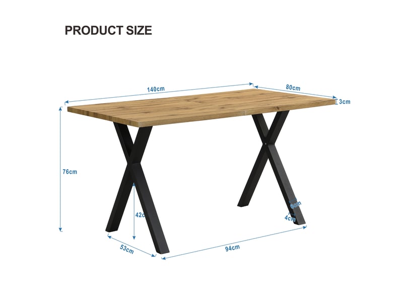  Table à manger moderne chêne+noir 140x80x76 cm, rectangulaire, pieds croisés en fer forgé  - Conforama C