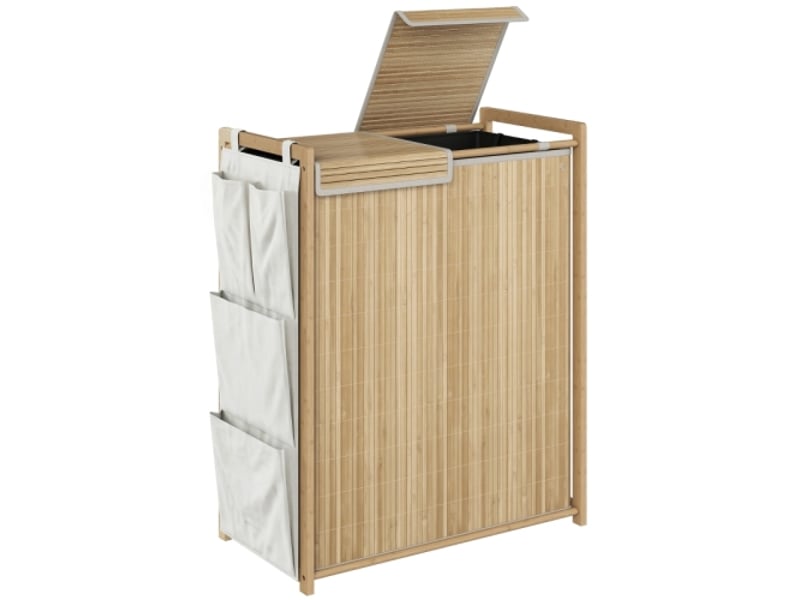 Panier à linge en bambou naturel 120l avec sac amovible à cordon et poches latérales de rangement - Conforama A