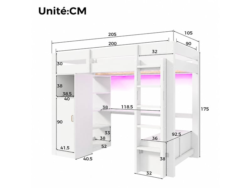  Lit mezzanine 90 x 200 cm avec bureau, armoire et deux tiroirs, en pin massif et mdf blancs, éclairage led et usb  - Conforama C