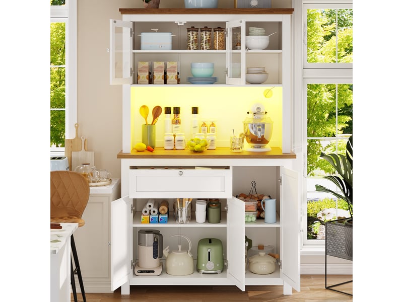  Meuble de cuisine muvano, vaisselier avec portes vitrées, blanc, éclairage led, 104 × 40 × 180 cm  - Conforama C