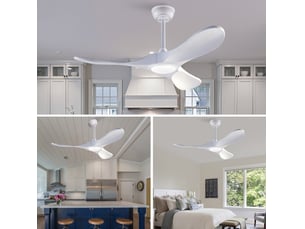 Ventilateur de plafond 42 pouces avec éclairage et télécommande, trois pales blanches en bois massif, 3cct, dimmable, réversible, 6 vitesses et fonction mémoire