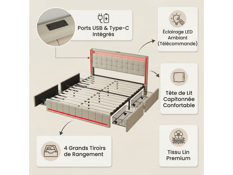  Lit 140x190 avec 4 tiroirs, lit double adulte avec éclairage led, tête de lit avec prises usbtype-c, tissu lin, style moderne, beige  - Conforama C