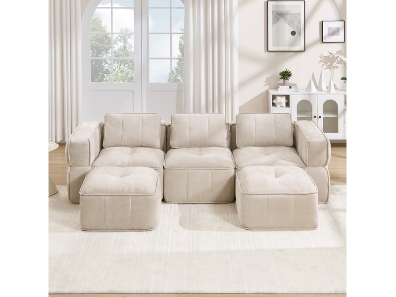 Canapé modulable modenvie 3 places en u avec 2 poufs, mousse haute densité 32d, assise profonde, tissu polyester beige, 271 x 162 x 67 cm - Conforama B