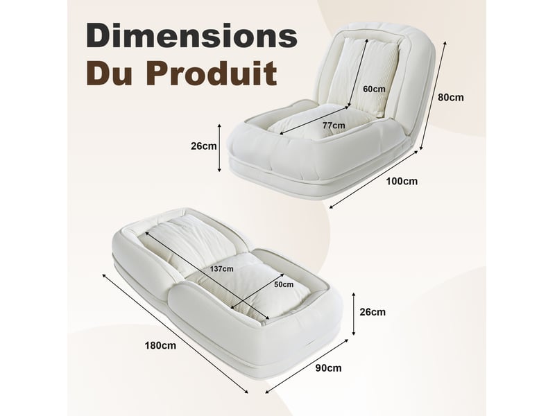  Canapé pliable 80x22x87 cm, avec 5 positions réglables, à usage multifonction, structure en métal, couleur blanc cassé  - Conforama C