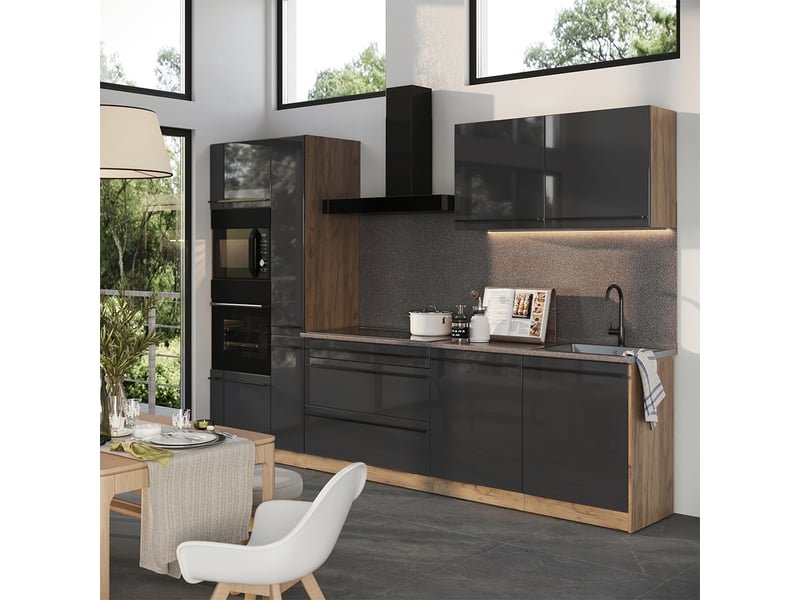  Vicco cuisine, anthracite haute brillancechêne doré, 310cm plan de travail anthracite  - Conforama C